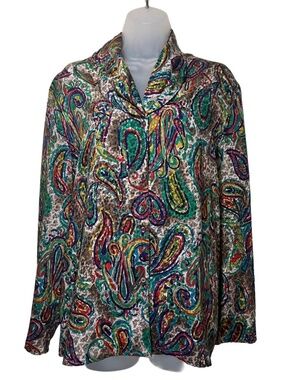 Vintage Andre Sauvage Paisley Satin Blouse Size 16 Colorful Retro Button Down